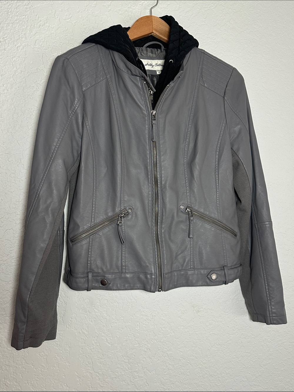 Sebby Collection Grey Faux Leather Moto Jacket Hooded Full Zip Pockets Medium - Picture 2 of 8